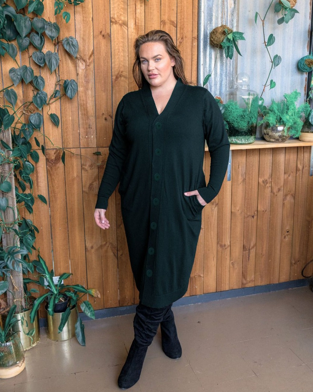 black dress green cardigan Bow Back Apron Midi Dress