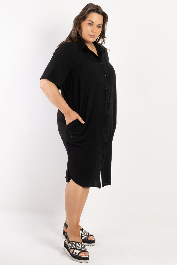 It's Alright Linen Short Sleeve Dress - Black - AVAILABLE IN M ONLY
