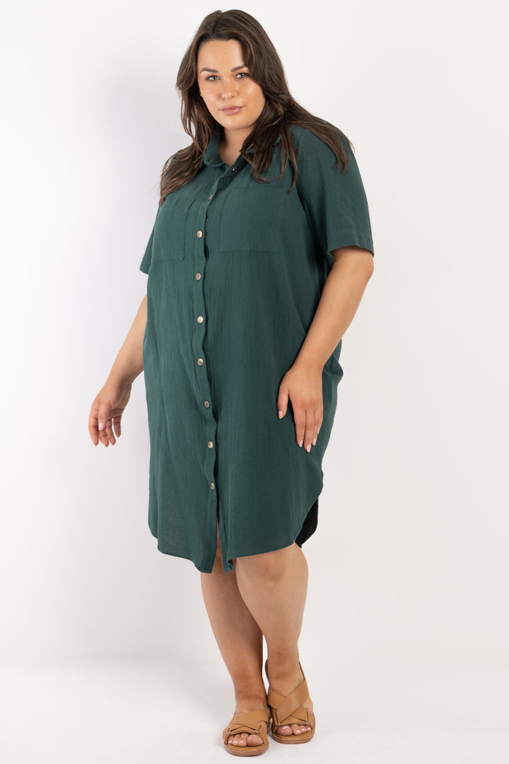 It's Alright Linen Short Sleeve Dress - Green - AVAILABLE - S (14/16) ONLY