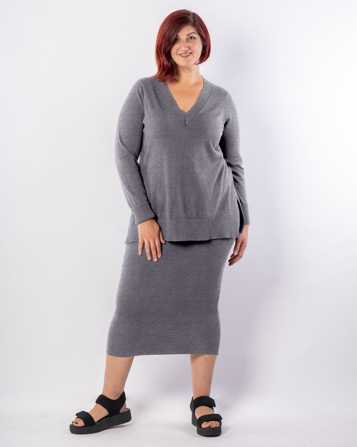 Make Me Feel V-Neck Merino Wool Knit Sweater - Grey Marle