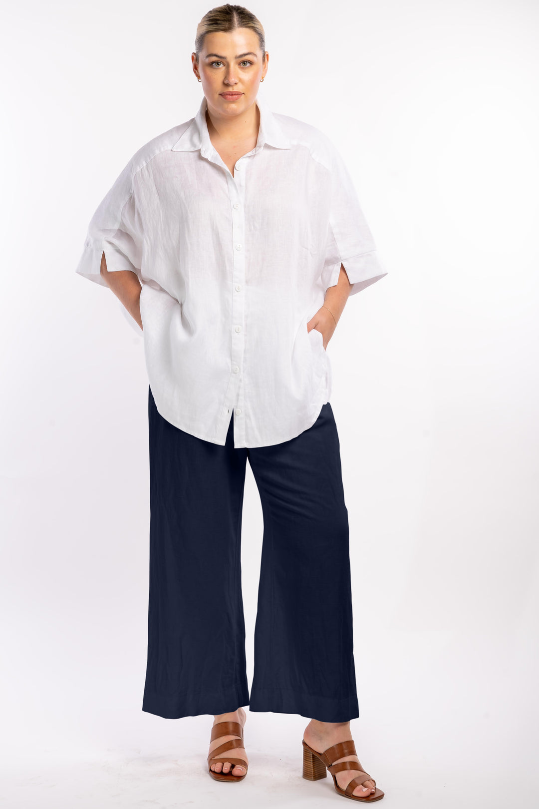 Here Comes The Sun Wide Leg Linen Pant - Navy