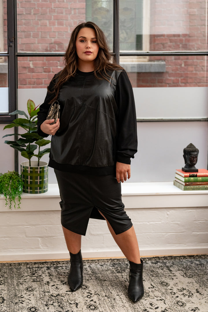 Born To Be Wild Leather Look Midi Skirt - Black