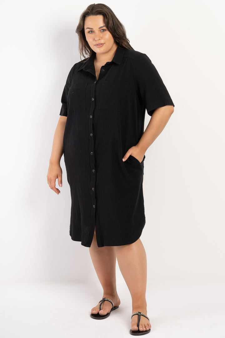 It's Alright Linen Short Sleeve Dress - Black - LAST ONE - M (18/20)