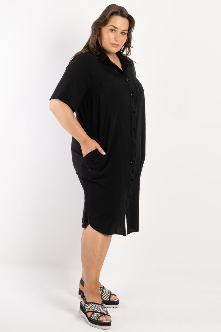 It's Alright Linen Short Sleeve Dress - Black - LAST ONE - M (18/20)
