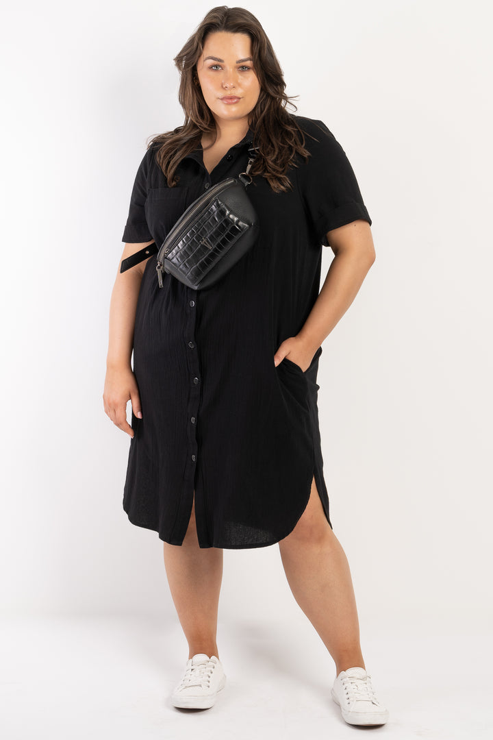 It's Alright Linen Short Sleeve Dress - Black - LAST ONE - M (18/20)
