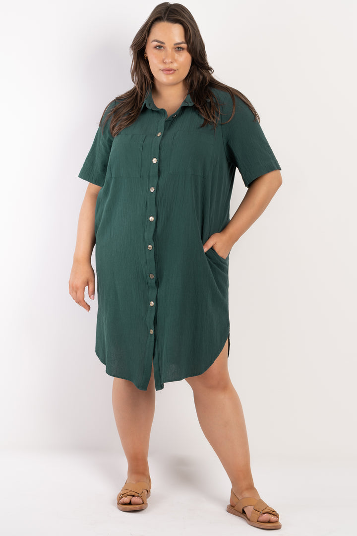 It's Alright Linen Short Sleeve Dress - Green - AVAILABLE - S (14/16) ONLY