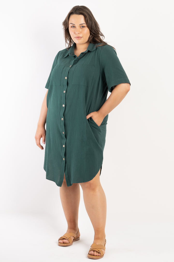 It's Alright Linen Short Sleeve Dress - Green - AVAILABLE - S (14/16) ONLY