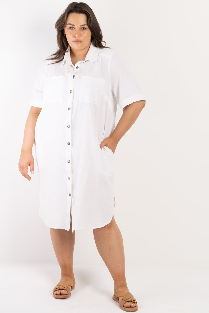It's Alright Linen Short Sleeve Dress - White