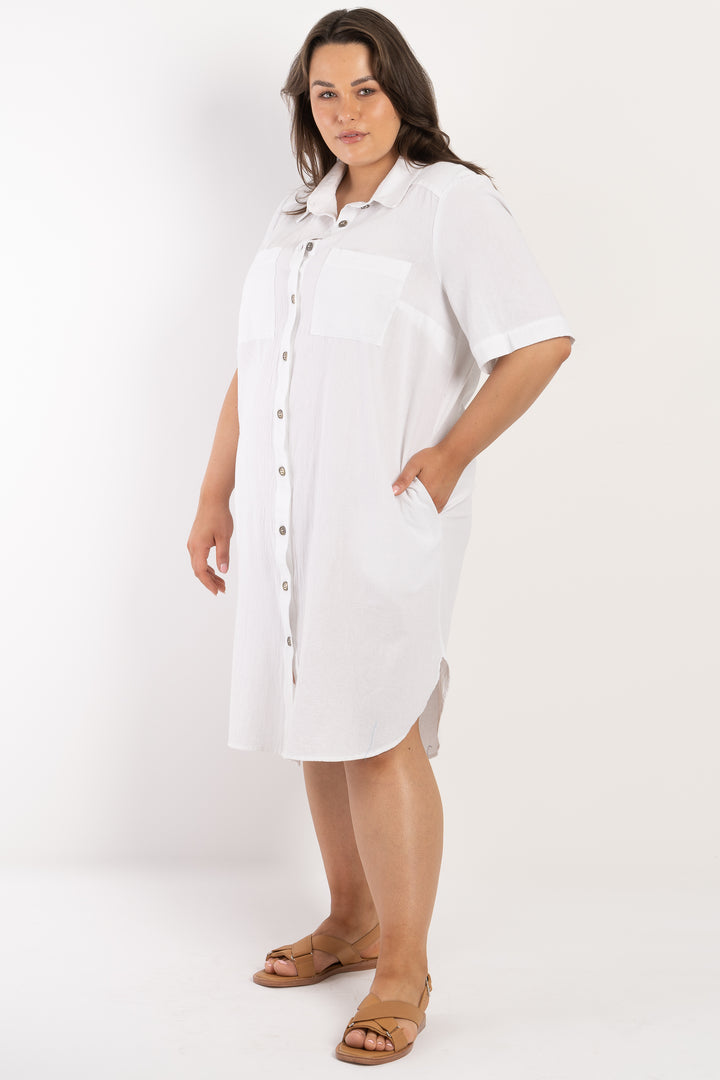 It's Alright Linen Short Sleeve Dress - White