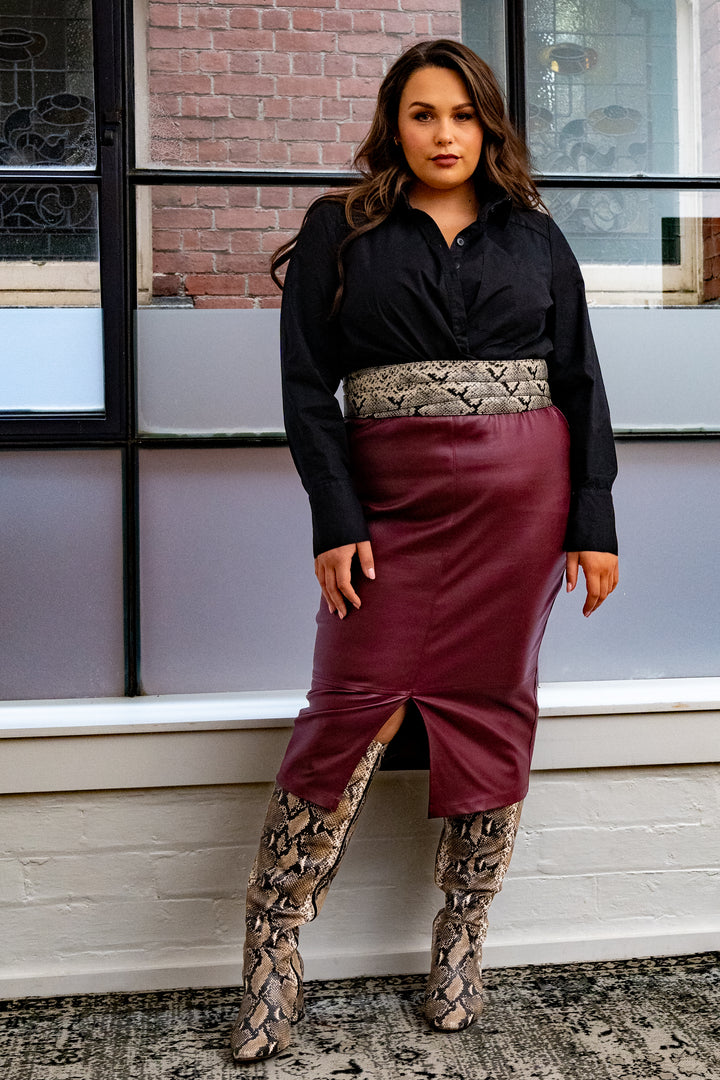 Born To Be Wild Leather Look Midi Skirt - Bordeaux