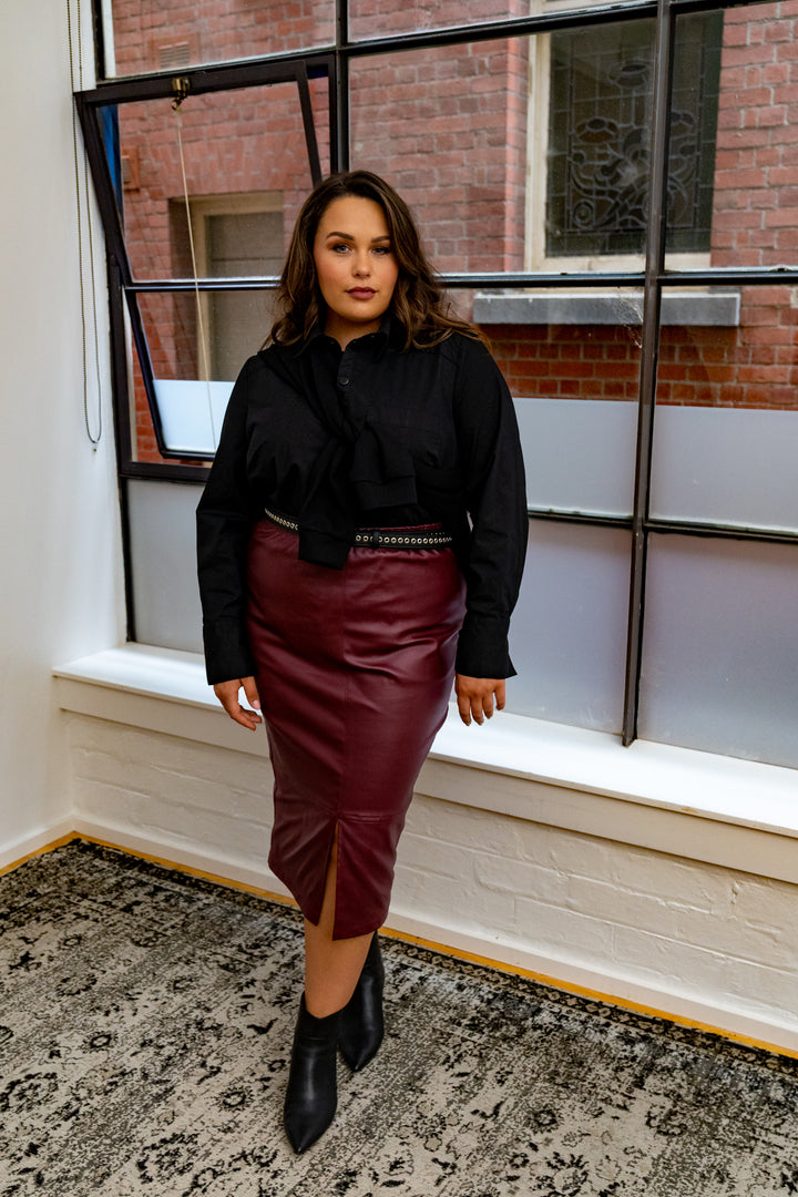 Born To Be Wild Leather Look Midi Skirt - Bordeaux
