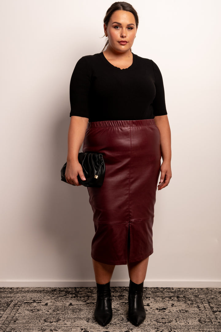 Born To Be Wild Leather Look Midi Skirt - Bordeaux