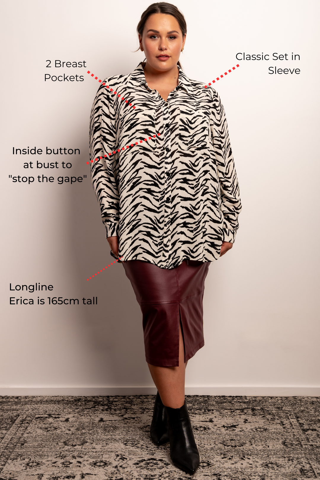 A Zebra print shirt for sizes 12-26 made in australia, a oversized fit made from viscose 