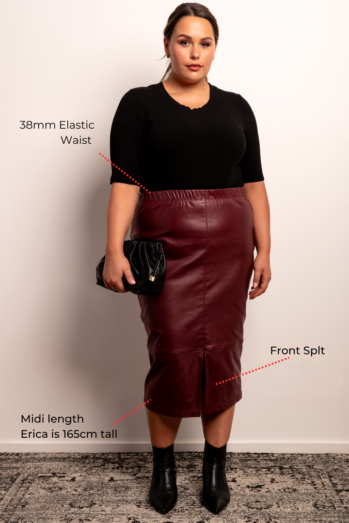 Born To Be Wild Leather Look Midi Skirt - Bordeaux