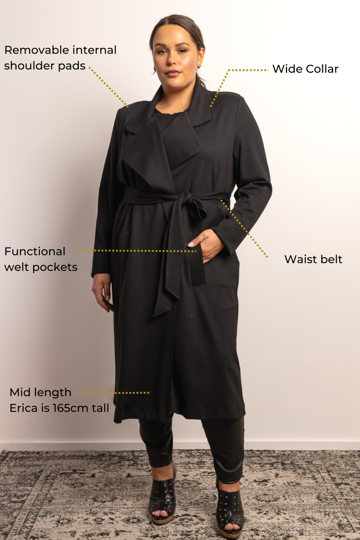 Rebel Rebel Ponte Trench Coat - Black